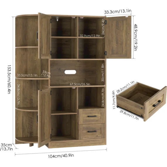Homfa 60" Large Kitchen Pantry Buffet, Freestanding Storage Cabinet with Adjustable Shelves for Dining Room, Rustic Brown - Image 3