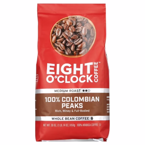 Eight O'Clock 100% Colombian Peaks Medium Roast Whole Bean Coffee, 30 Oz, Bag