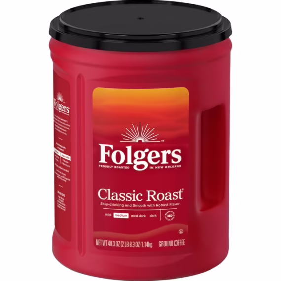 Folgers Classic Roast Ground Coffee, Medium Roast, 40.3 Oz. Canister