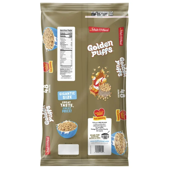 Malt-O-Meal Golden Puffs Breakfast Cereal, Puffed Wheat Cereal, Crunchy 48 oz Resealable Bag - Image 2